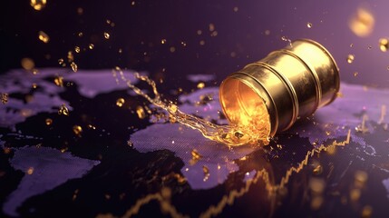 An expanding business growth with a golden oil drum spilling crude over a purple world map, symbolizing global energy sector finance and collaboration.