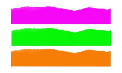 Three horizontal strips of torn paper in vivid magenta neon green and bright orange tones upon a see through surface