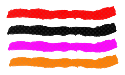 Vibrant set of four ripped paper strips in red black magenta and orange with dotted pattern isolated on transparent background vector design