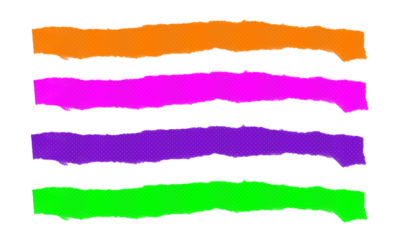 Set of four horizontal torn paper strips with halftone effect and ragged edges, different bright colors on transparent background