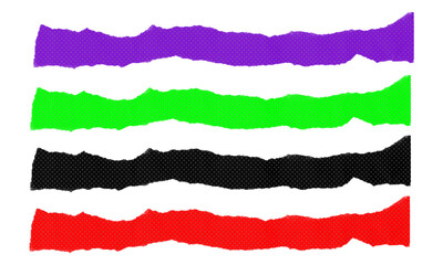 Obraz premium Set of colorful horizontal torn paper borders with dots pattern in purple green black and red colors isolated on transparent background png