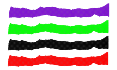 Set of colorful horizontal torn paper borders with dots pattern in purple green black and red colors isolated on transparent background png