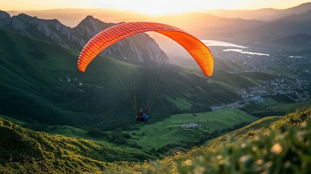 Paraglider Soars Over Lush Green Mountains at Sunset.