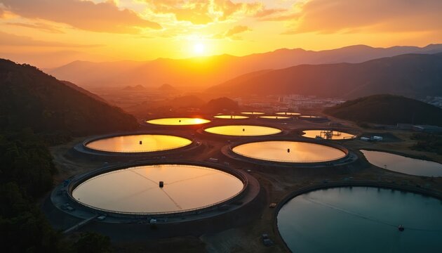 Aerial view circular water treatment reservoirs at sunset with mountains behind. Industrial water processing system reflects golden sky orange light, eco nature resource management facility.