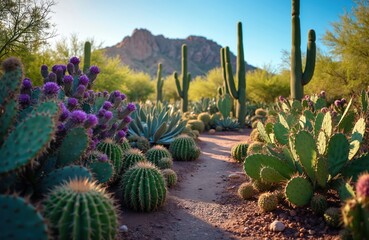 Scenic desert garden view features cactus with violet flowers. Variety of cacti and succulent plants grow on trail. Arid desert plants at botanical garden landscape at Arizona.