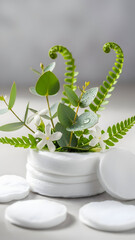 White Potted Fern and Flowers with Cosmetic Discs.