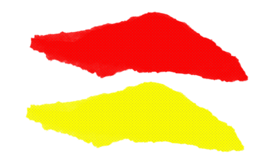 Two pieces of red and yellow ripped paper with halftone dot pattern on transparent background, torn paper elements