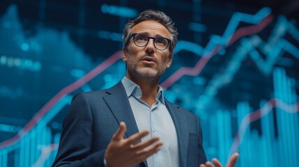 Businessman presenting investment strategies and financial market trends against a blue data screen