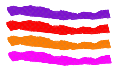 Collection of wavy torn paper fragments featuring halftone texture in purple red orange and pink colors isolated on transparent background