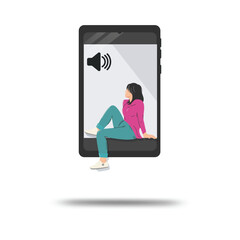 Illustration of a woman sitting inside a smart phone screen with sound icon, representing digital communication, online interaction, social media, and mobile technology concept in flat vector style