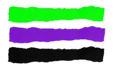 Set of horizontal torn paper strips with ragged edges and halftone dot pattern in green purple and black colors on transparent background