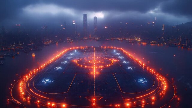 Futuristic city skyline with illuminated helipad at night