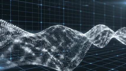 A dynamic digital waveform visualization composed of countless glowing particles creating an intricate undulating surface against a dark grid background representing complex data flow and technologic. - Powered by Adobe