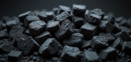 Heap of black, rough-textured charcoal pieces. Woody carbon briquettes piled on dark, shadowy background. Represents fuel for industry, grilling, energy production. Focus on natural rock texture,