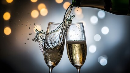 Champagne pouring into two glasses with a festive bokeh background, celebrating a special occasion.