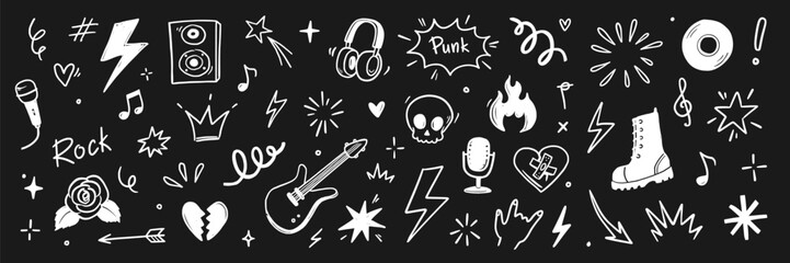Rock n roll punk music doodle icon set. Graffiti, tattoo hand drawn doodle sticker, text, skull, heart, skate, gesture hand. Marker scribble sketch music icons. Grunge rock vector illustration