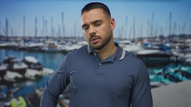 Blue-shirted man wiping forehead at sunlit port dock crowded with sailboats and yachts under clear sky; heat fatigue.