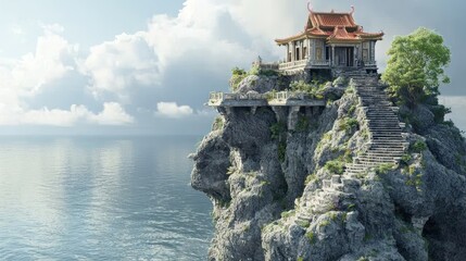 Traditional Asian temple building on a dramatic rocky cliff overlooking a serene blue ocean under a partly cloudy sky.