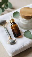 Skincare Products with Facial Roller on Towel.