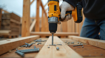 Man works with electric screwdriver. Person uses tool for wood construction. Worker holds equipment, screws in wood. Repair building concept industry