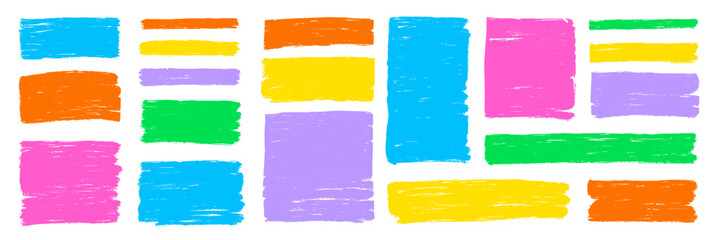 Rectangle, square box frames with colorful brush strokes set. Hand drawn crayon brush strokes square and rectangle doodle frame shapes. Rough grunge texture pastel background. Vector illustration
