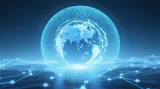 A futuristic depiction of a digital globe surrounded by interconnected networks, global connectivity and technology innovation.