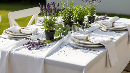 Outdoor Dining Table Setting with Lavender.