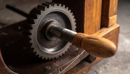 A close-up view of a metal gear with a wooden handle on an industrial machine in a workshop environment.
