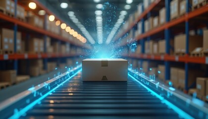 Cardboard box moves on glowing blue digital conveyor belt in large modern automated warehouse facility. Data streams emit from package, showing smart logistic processing. Efficient tech system