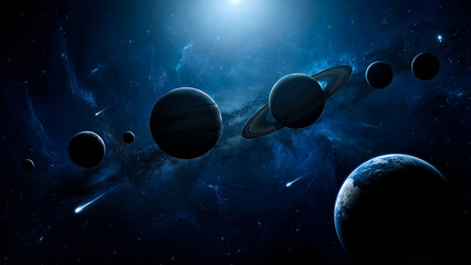 Naklejka premium Celestial bodies in deep blue space with stars and planets galaxy