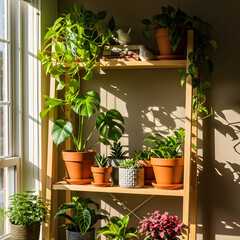 Indoor Plants on Wooden Shelves by Window.