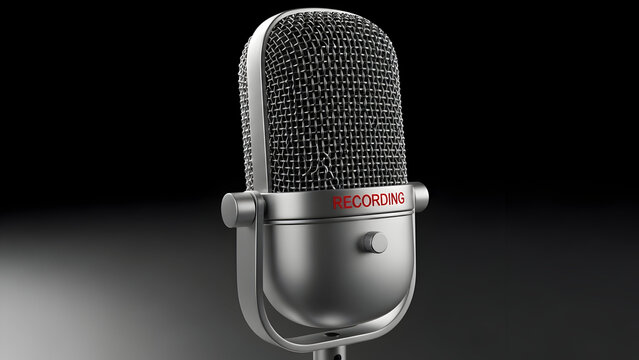 Professional silver microphone with mesh grille and red logo illuminated by spotlight on dark studio backdrop, close-up photo perspective
