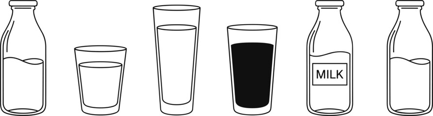 Set of milk bottles and glasses icons in outline style including full and half filled containers for dairy products. © V Stock