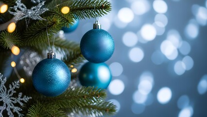Close-up of a Christmas tree adorned with blue ornaments and sparkling lights, creating a festive and magical atmosphere for the holiday season.