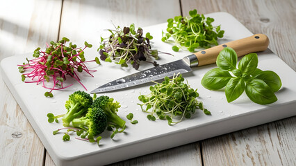 Fresh Herbs on White Cutting Board.