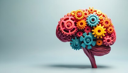 Colorful mechanical brain composed of gears. Artificial intelligence design illustrates thought process. Neural network illustration cognitive functions. Digital mind model. Creative solution,