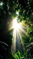 Sunbeams piercing the dense green foliage of a tropical rainforest,  green,  exotic