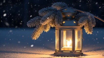 Cozy Winter Night - A Lanterns Warm Glow Amidst Falling Snow and Frosted Pine Branches.