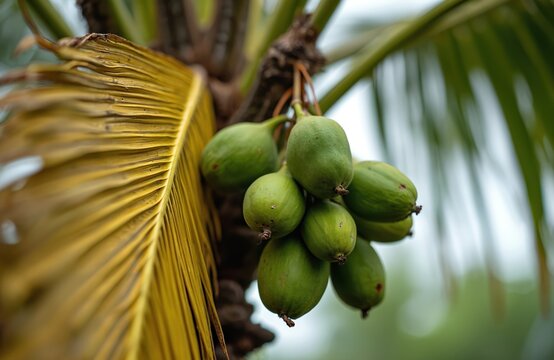 Close up photo shows bunch of green areca nuts hanging from tree branch. Tropical fruits grow on palm tree with yellow leaf at sunny day. Natural agriculture concept.