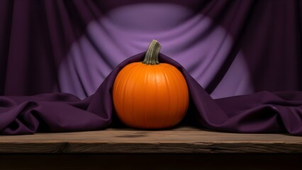 Vibrant orange pumpkin on a rustic wooden table, draped with elegant purple fabric, creating a festive autumn still life.
