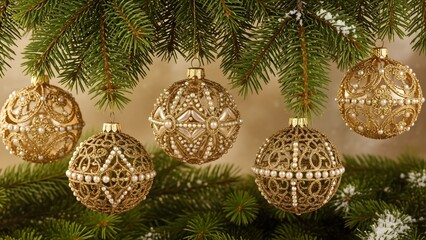 Golden Christmas Ornaments Hanging on a Festive Green Tree Branch.