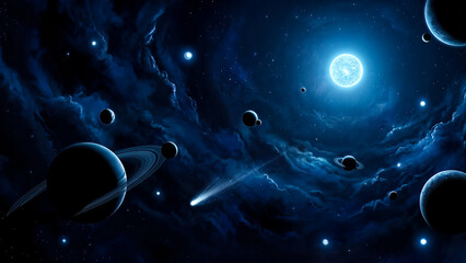 Celestial bodies in deep space with glowing blue moon and planets galaxy stars