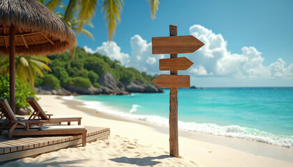 Tropical beach paradise with turquoise sea water. Palm trees near shore at vacation. Directional wooden signage near beach umbrellas, chaise lounges points vacationers way. Summer holiday rest.