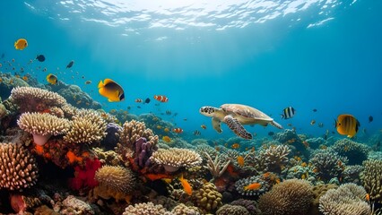 Naklejka premium Vibrant underwater scene with a sea turtle swimming among colorful coral reefs and tropical fish in clear blue ocean water.