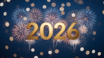 Happy New Year 2026 Celebration with Golden Numbers and Fireworks.