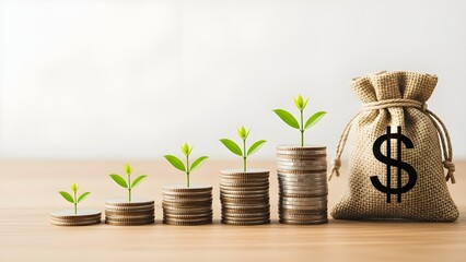 Growth and wealth accumulation concept illustrated with coins and plants
