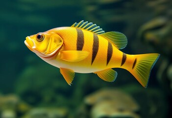 A vibrant yellow perch fish, with distinctive vertical stripes, swims gracefully in clear freshwater,  underwater,  wild