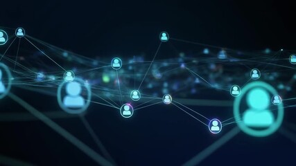 Digital network of glowing blue user icons interconnected by lines—dark background symbolizing social data flow. - Powered by Adobe