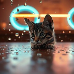 Abstract symphony of falling droplets, punctuated by a purring companion, earth tones & soft focus evoke quietude,  tranquil,  unique