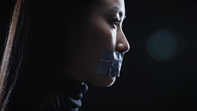 Woman Silenced with Tape Symbolizing Lack of Free Speech